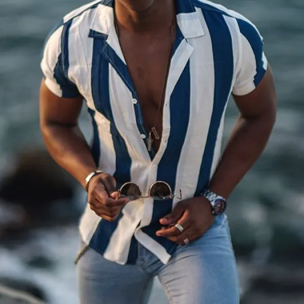 Striped Print Short Sleeve Shirt - Trisunshine.com 