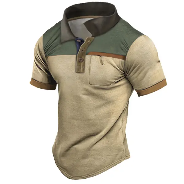 Men's Outdoor Vintage Tactical Colorblock Pocket Polo Short Sleeve T-Shirt - Trisunshine.com 