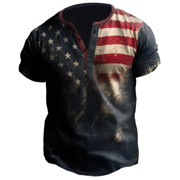 Men's Outdoor Retro Stressed American Flag Graphic Print Short-sleeved T-shirt - Trisunshine.com 