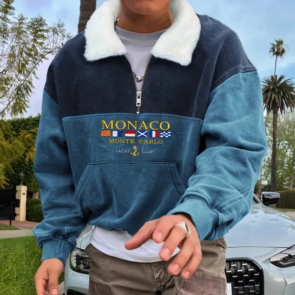 Vintage Unisex Monaco Monte Carlo Yacht Club Half-zip Fur Collar Sweatshirt - Faciway.com 