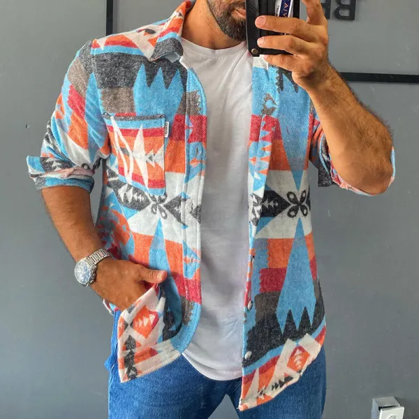 Men's Ethnic Print Lapel Jacket - Sunhopebloom.com 