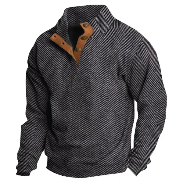 Men's Sweatshirt Herringbone Print Buttons Stand Collar Contrast Color Daily Tops - Yesunshine.com 
