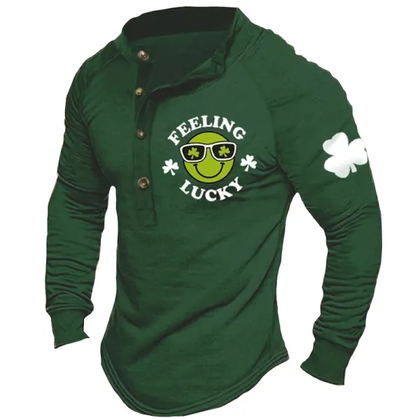St. Patrick's Day Lucky Clover Print Men's Long Sleeve Henley T-Shirt - Dozenlive.com 