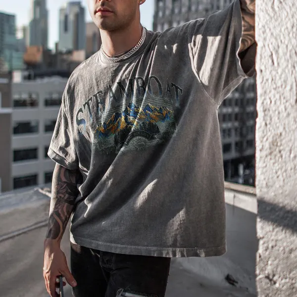 Steamboat Print Unisex Retro Washed T-Shirt Snowflake Batik Washed Distressed Loose T-Shirt - Trisunshine.com 