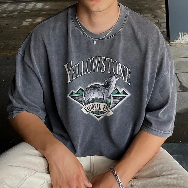Yellowstone Park Print Unisex Retro Washed T-Shirt Snowflake Batik Washed Distressed Loose T-Shirt - Trisunshine.com 