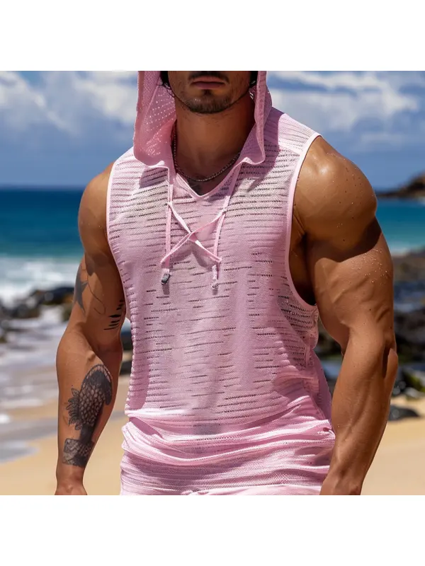 Men's V-neck Hooded Mesh Vest Casual Sleeveless Top - Timetomy.com 