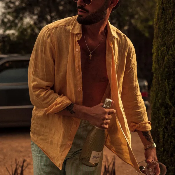 Linen Yellow Ochre Resort Men's Summer Shirt - Trisunshine.com 