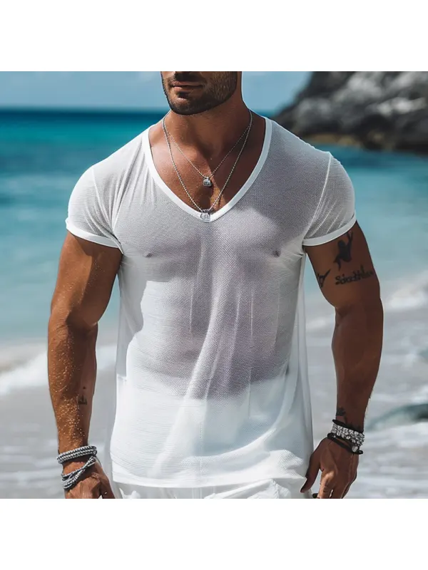 Men's Casual Slim Fit V-neck Mesh Breathable T-shirt - Anrider.com 
