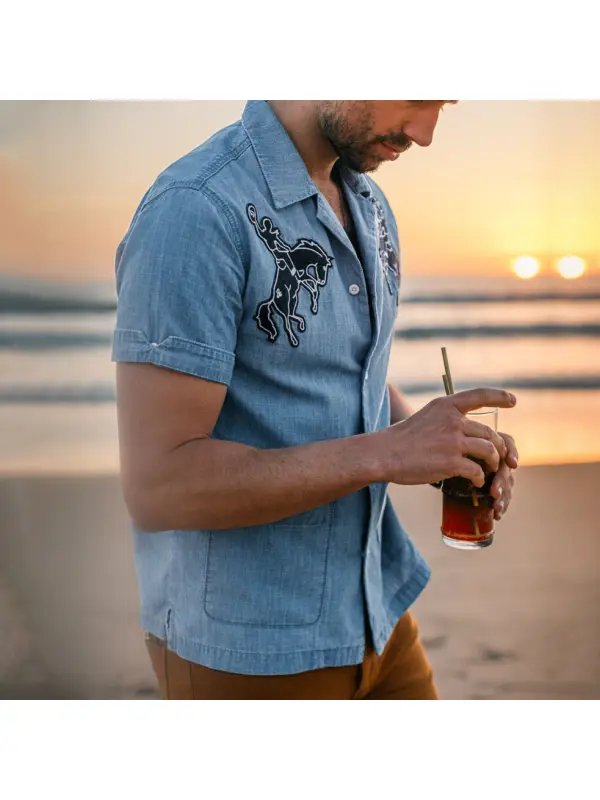 Men's Vintage Denim Horse Embroidery Print Surf Beach Pocket Lapel Short Sleeve Shirt - Ootdmw.com 