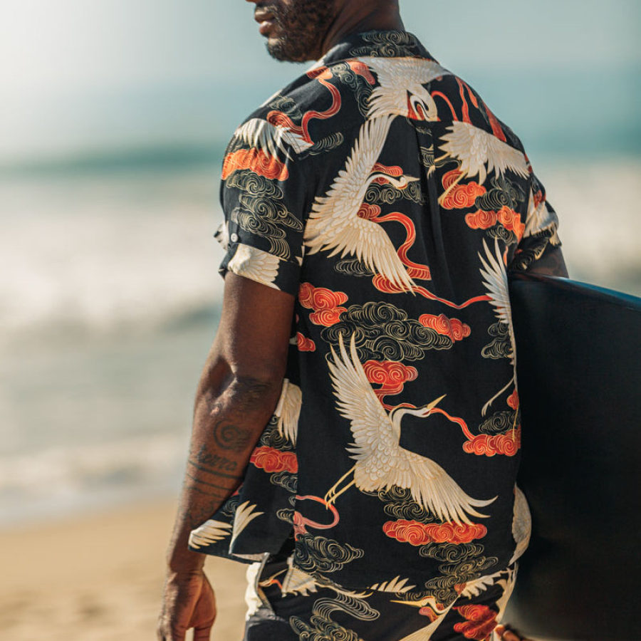 

Men's Vintage Heyun Print Surf Beach Pocket Cuban Collar Short Sleeve Shirt