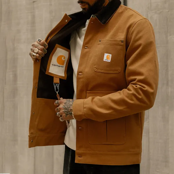 Mens OutpostJacket Outdoor Retro Multi Pocket Contrast Lapel Collar Work Jacket Brown - Cotosen.com