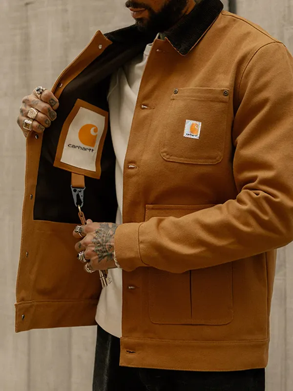 Mens OutpostJacket Outdoor Retro Multi Pocket Contrast Lapel Collar Work Jacket Brown - Wantbright.com 