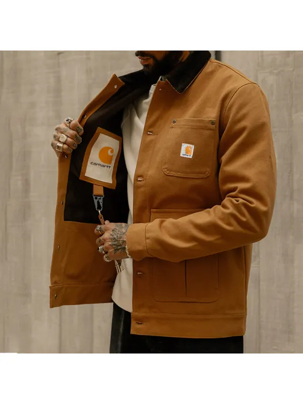 Mens OutpostJacket Outdoor Retro Multi Pocket Contrast Lapel Collar Work Jacket Brown - Ootdmw.com 