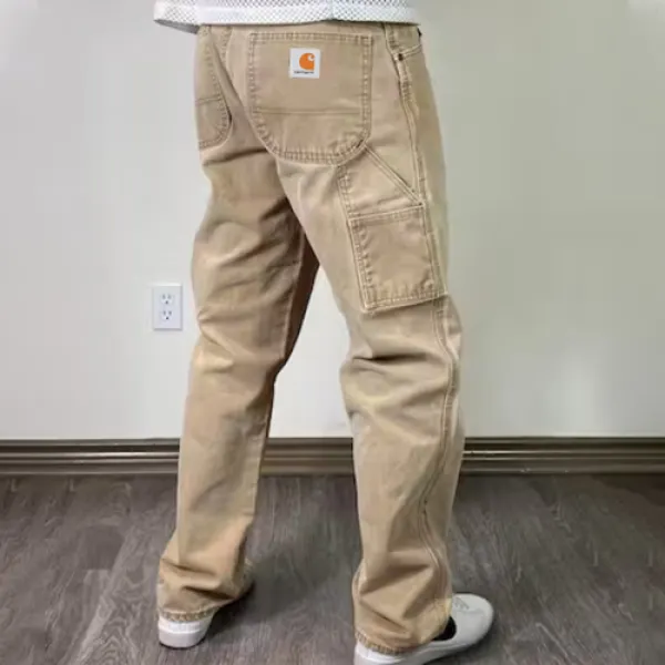 Men Vintage Wash Khaki Sun Faded Carpenter Pants Work Trousers - Dozenlive.com 