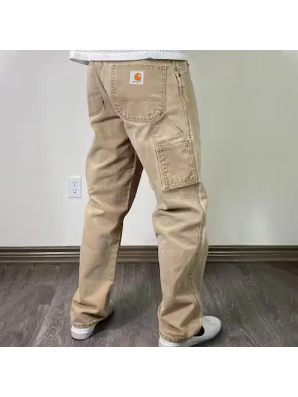 Men Vintage Wash Khaki Sun Faded Carpenter Pants Work Trousers - Anrider.com 