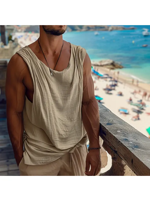 Men's Linen Plain Sleeveless Tank Top - Minicousa.com 