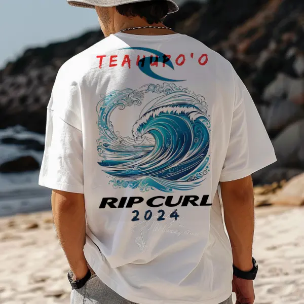 Men's Loose Oversized Vintage Batik Tie Dye Teahupoo Tahiti Gradient Ombre Surf T-Shirt - Nicheten.com 