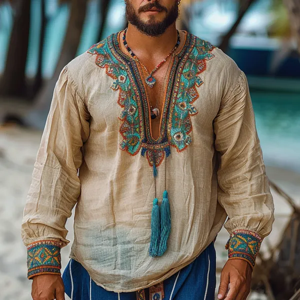 Men's Bohemian Ethnic Style Linen Tassel Shirt - Dozenlive.com 