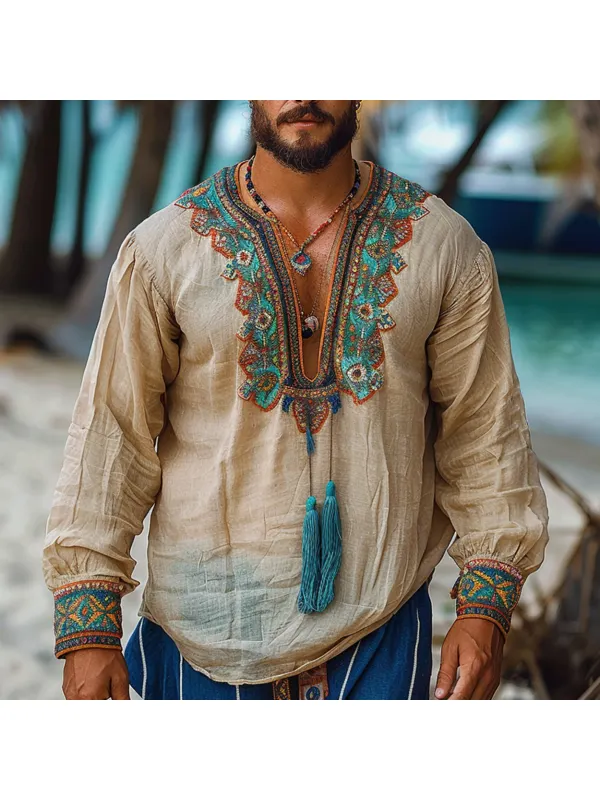 Men's Bohemian Ethnic Style Linen Tassel Shirt - Anrider.com 