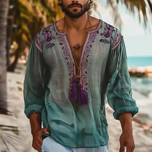 Men's Holiday Bohemian Ethnic Linen Shirt - Dozenlive.com 