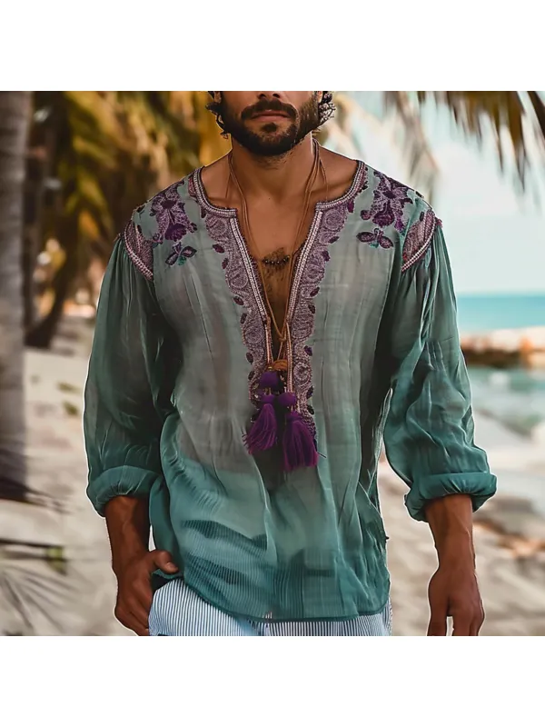 Men's Holiday Bohemian Ethnic Linen Shirt - Anrider.com 