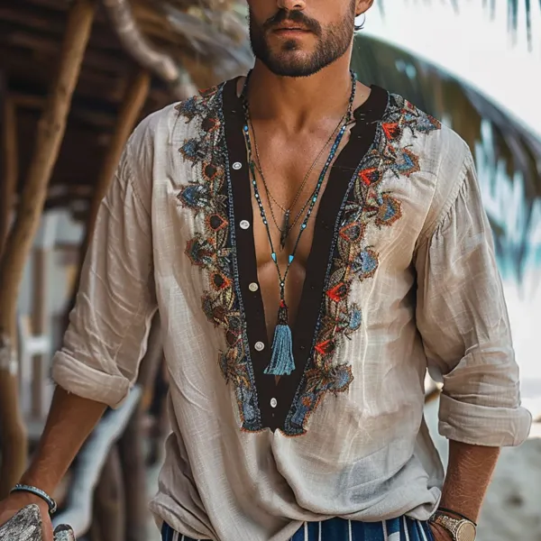 Men's Bohemian Ethnic Linen Shirt - Dozenlive.com 