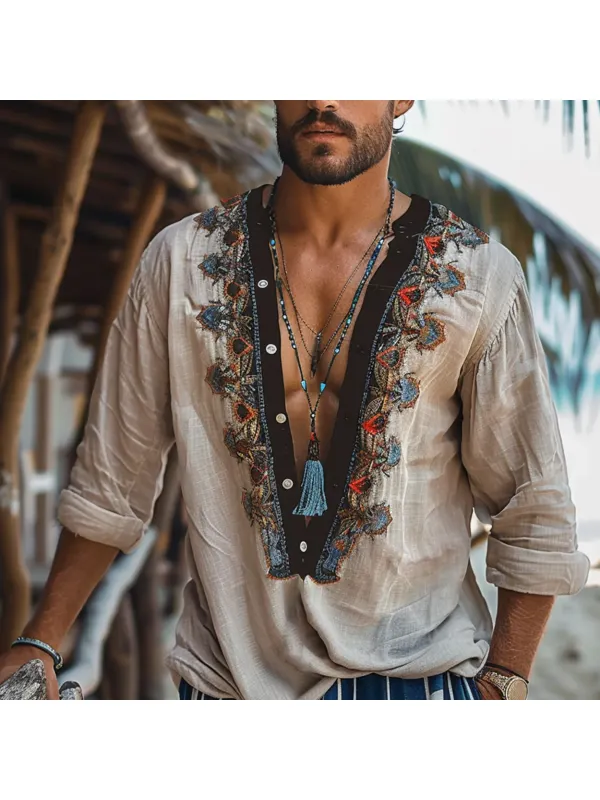 Men's Bohemian Ethnic Linen Shirt - Anrider.com 