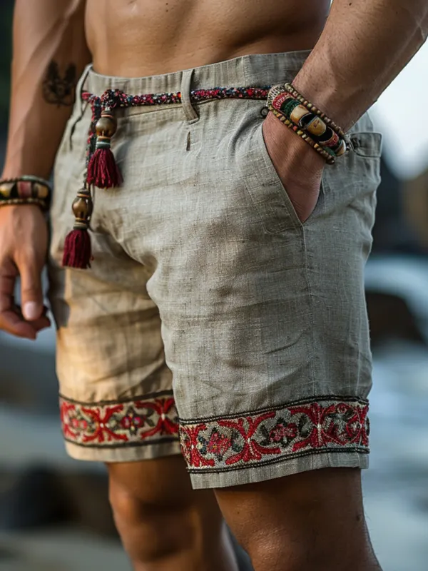 Retro Ethnic Casual Linen Shorts Bohemian Style Shorts - Pragmaace.com 