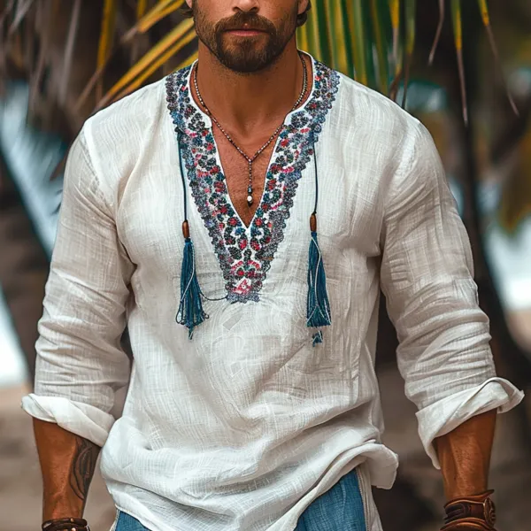 Men's Holiday Ethnic Style Linen Tassel Shirt - Dozenlive.com 