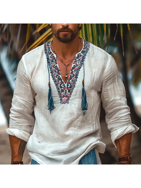 Men's Holiday Ethnic Style Linen Tassel Shirt - Anrider.com 