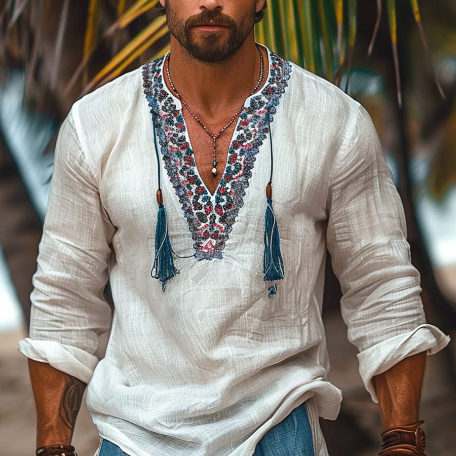 

Men's Holiday Ethnic Style Linen Tassel Shirt