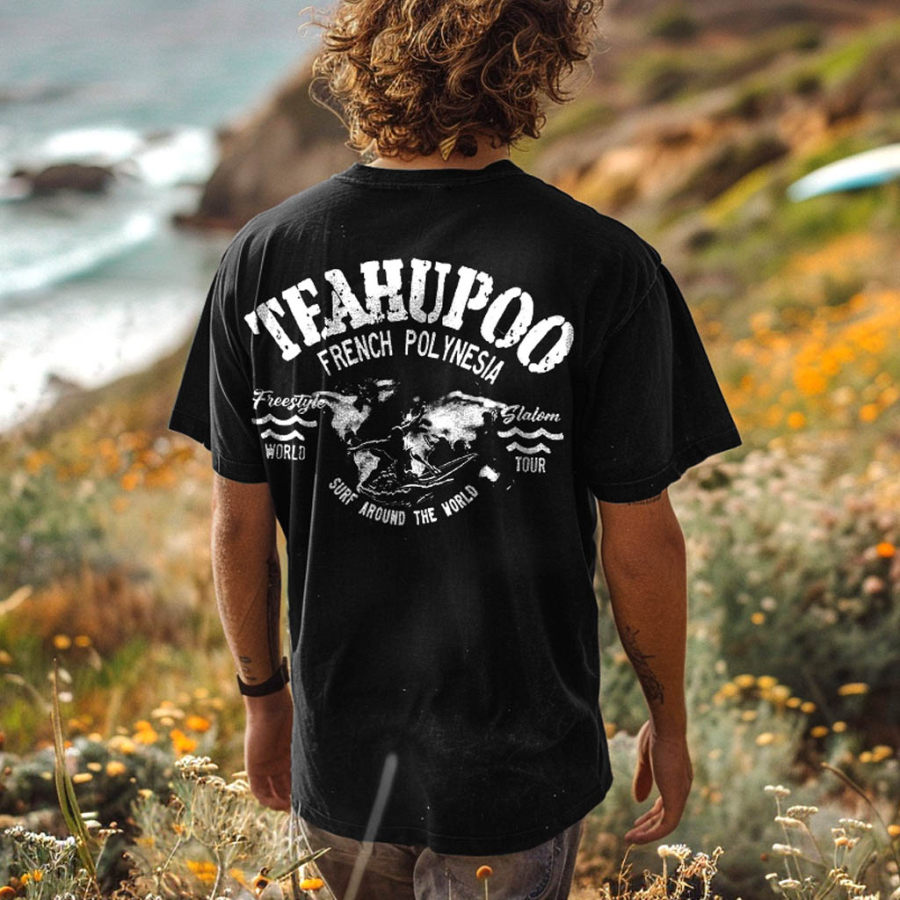 

Men's T-Shirt Vintage 90s Surfing Teahupoo Tahiti French Polynesia Print Beach Daily Round Neck Short Sleeve Tops
