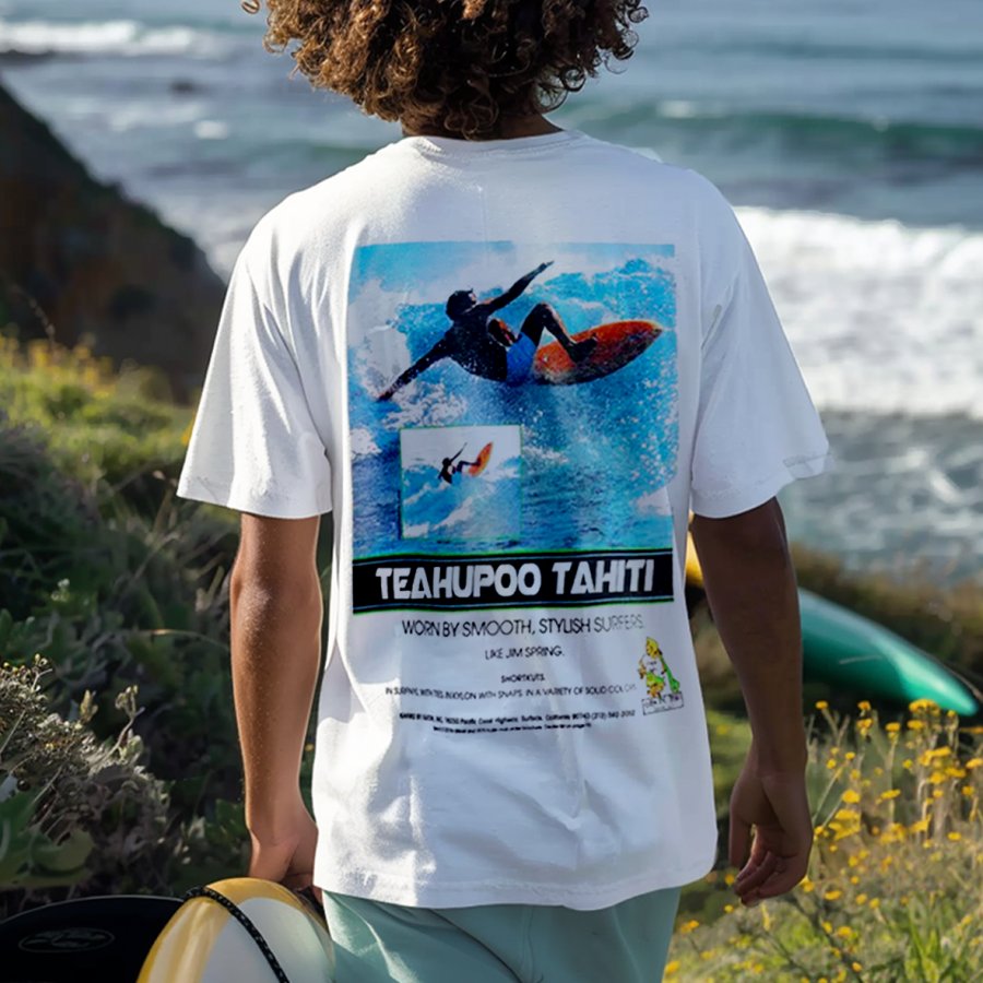

Men's Vintage Vans Teahupoo Tahiti 2024 Surf Print Beach Loose Short Sleeve T-Shirt