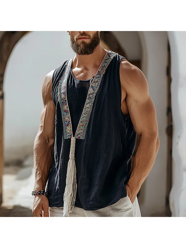 Men's Holiday Ethnic Style V-neck Tassel Linen Sleeveless Shirt - Ininrubyclub.com 
