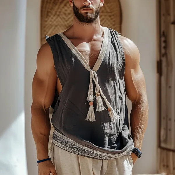 Men's Holiday Bohemian V-neck Tassel Linen Sleeveless Shirt - Yiyistories.com 