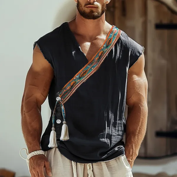 Men's Holiday Ethnic Style Asymmetric Tassel Linen Sleeveless Shirt - Yiyistories.com 
