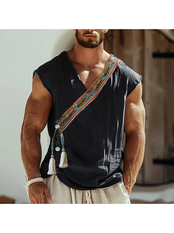 Men's Holiday Ethnic Style Asymmetric Tassel Linen Sleeveless Shirt - Minicousa.com 