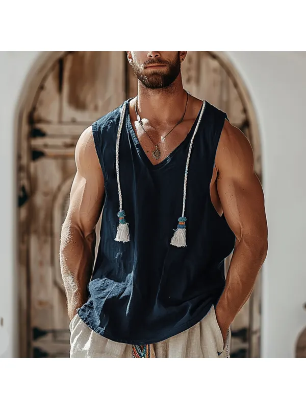 Men's Holiday V-neck Tassel Linen Sleeveless Shirt - Ininrubyclub.com 