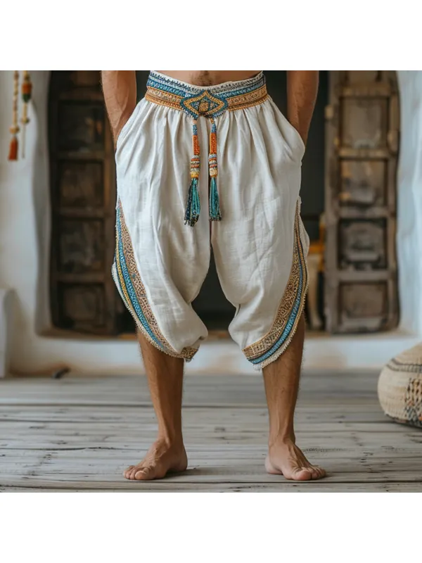 Men's Holiday Bohemian Five-point Linen Harem Pants - Anrider.com 
