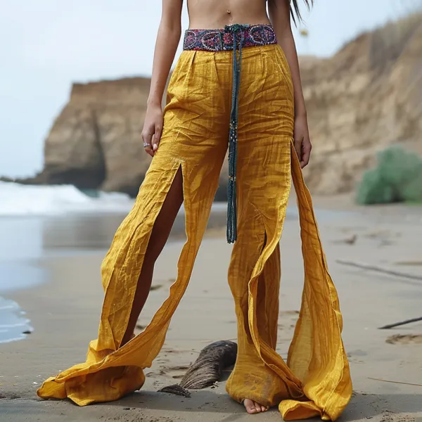 Retro Long Linen Wide Leg Pants For Women Casual Bohemian Long Linen Pants - Yiyistories.com 