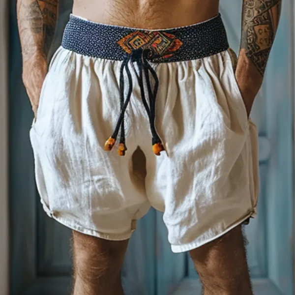 Men's Retro Bohemian Contrasting Linen Harem Shorts - Yiyistories.com 