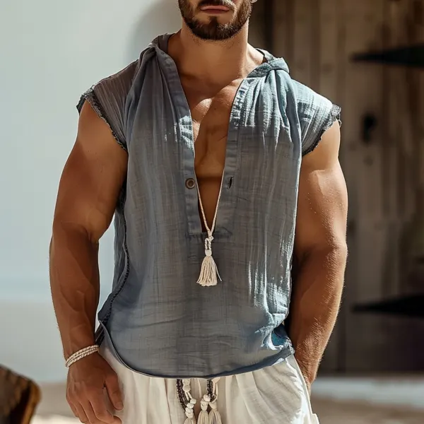 Men's Simple Linen Casual Sleeveless Tank Shirt - Yiyistories.com 