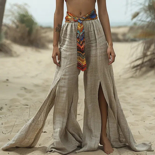 Retro Long Linen Wide Leg Pants For Women Casual Bohemian Long Linen Pants - Trisunshine.com 