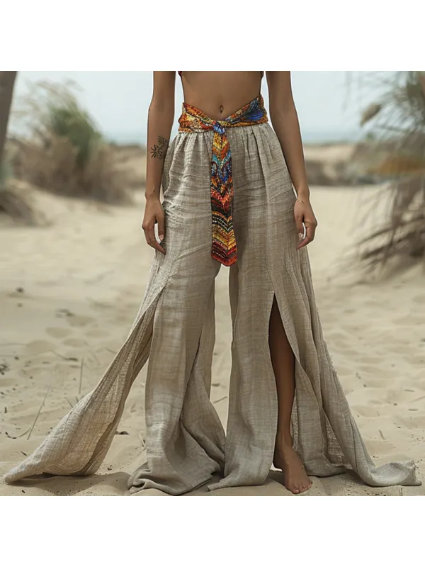 Retro Long Linen Wide Leg Pants For Women Casual Bohemian Long Linen Pants - Ininrubyclub.com 