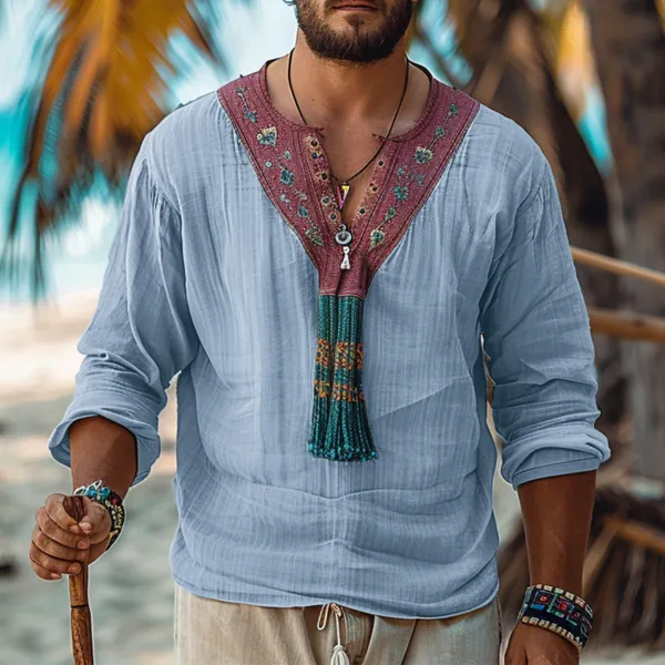 Men's Holiday Ethnic V-neck Linen Shirt - Dozenlive.com 