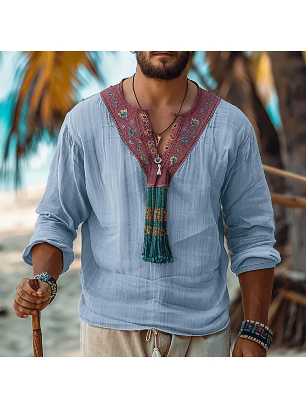 Men's Holiday Ethnic V-neck Linen Shirt - Anrider.com 
