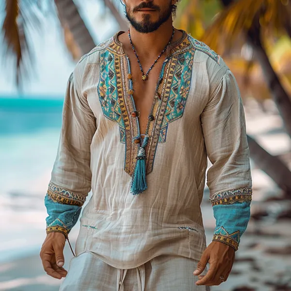 Men's Holiday Bohemian Ethnic Casual Linen Shirt - Albionstyle.com 