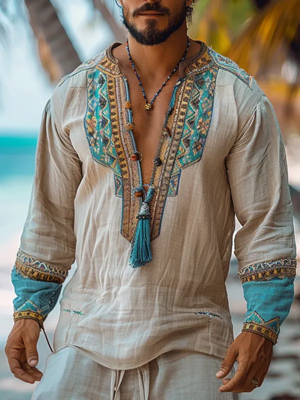 Mens Holiday Ethnic Casual Linen Shirt - Sunshinenice.com 