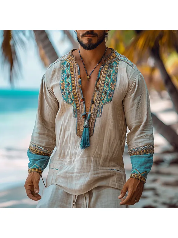 Men's Holiday Bohemian Ethnic Casual Linen Shirt - Fithuge.com 