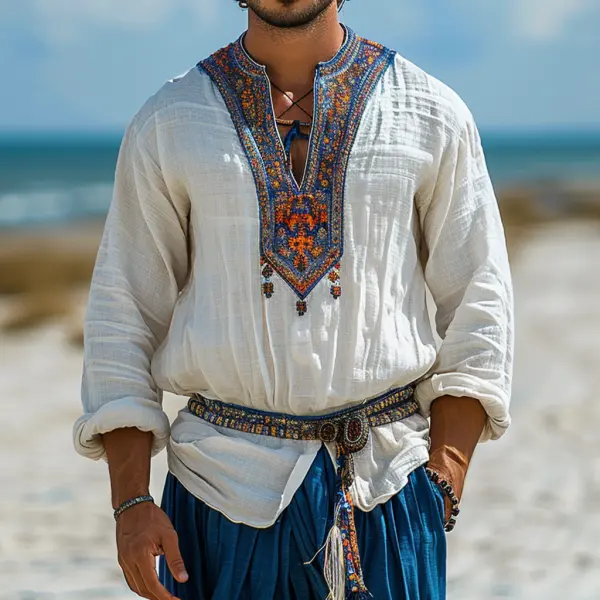 Men's Loose, Comfortable And Casual Ethnic Style V-neck Linen Long-sleeved Shirt T-shirt - Yiyistories.com 